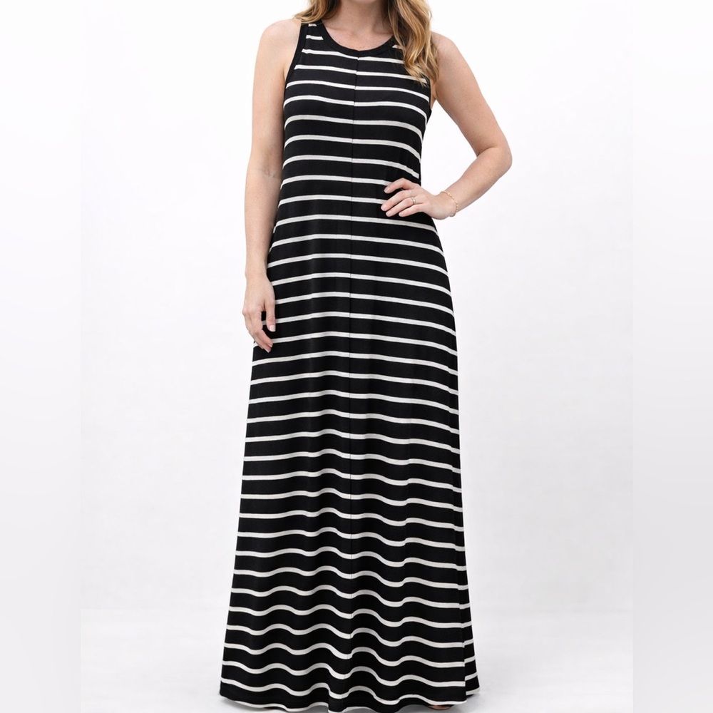 Zara Black White Striped Maxi Dress Medium Oversized Flowy Cotton Modal